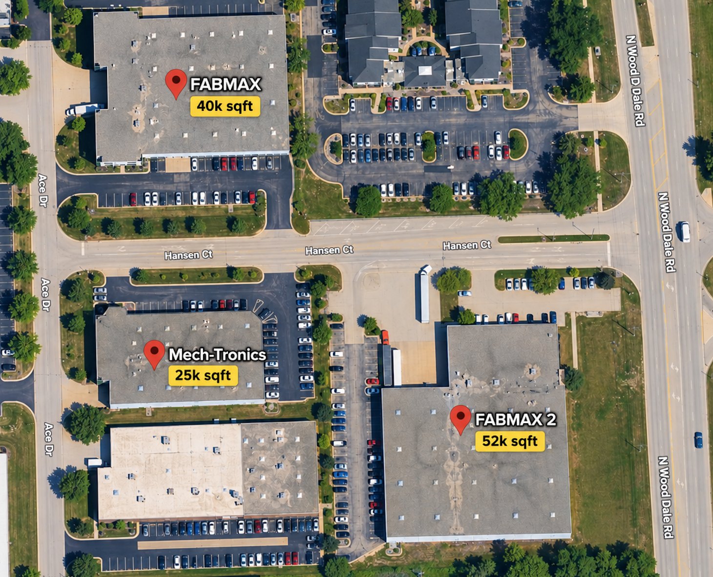 Annotated aerial view of the block in Wood Dale, Illinois: FABMAX (40k sq. ft.) on Hansen Court, Mech-Tronics (25k sq. ft.) across the street, and FABMAX 2 (52k sq. ft.) at 890 Wood Dale Rd.