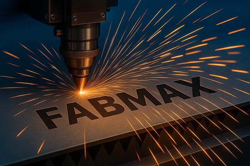 Fiber laser cutting the FABMAX name out of sheet steel