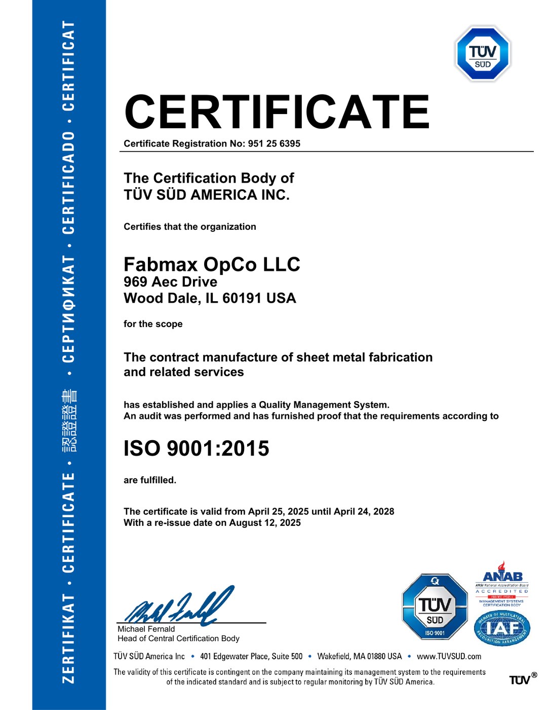 FABMAX ISO 9001:2015 certificate issued by T&Uuml;V S&Uuml;D America Inc., registration number 951 25 6395, valid April 25, 2025 to April 24, 2028